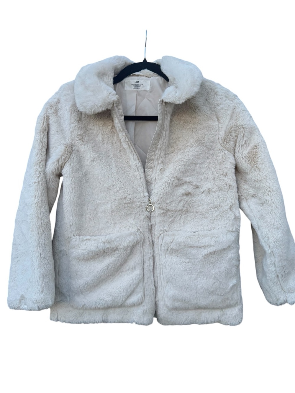 H&M Kids Faux Fur Jacket Cream Ivory Zip Front Coat Size 8/10